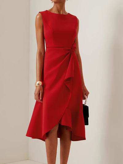 Women's Elegant Sleeveless A-Line Dress - Solid Color Round Neck with Back Zipper, Medium Stretch Machine-Washable Fabric for Spring/Summer Casual & Formal Occasions, Spring Event Attire, Zipper Closure - Amavia Milano