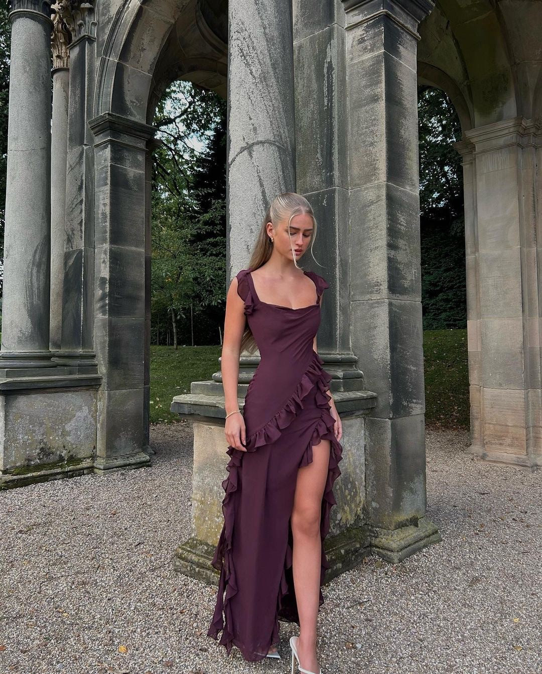 Vestito Giorgia Lungo in Chiffon con Volant e Apertura - Amavia Milano