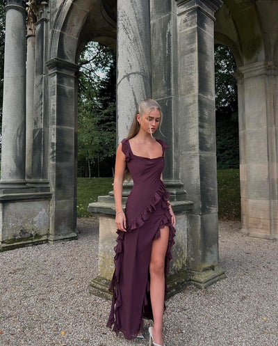 Vestito Giorgia Lungo in Chiffon con Volant e Apertura - Amavia Milano