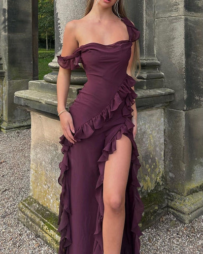 Vestito Giorgia Lungo in Chiffon con Volant e Apertura - Amavia Milano