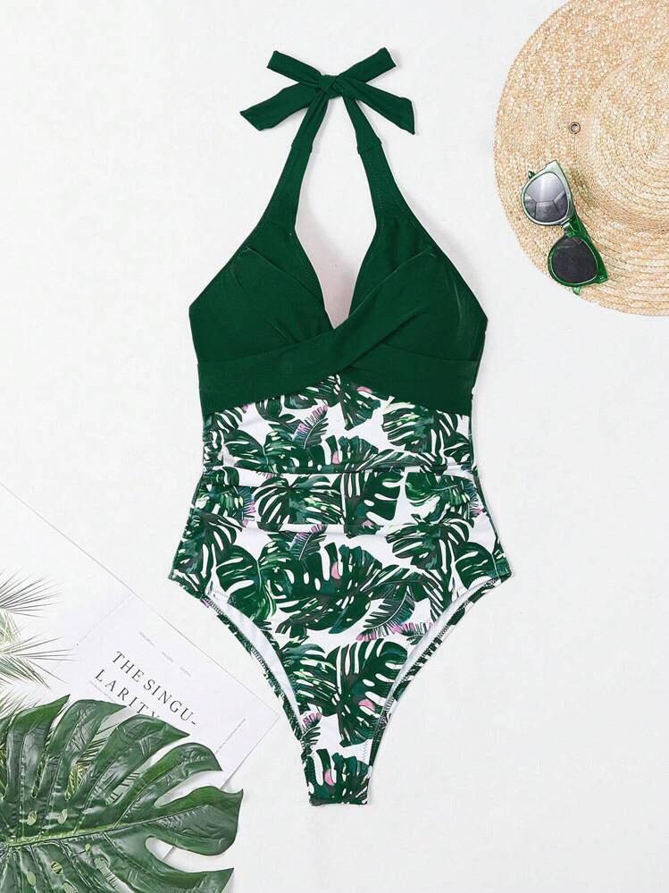 Costume da Bagno Foglia Tropicale – Scollo a V e Stile Modellante - Amavia Milano