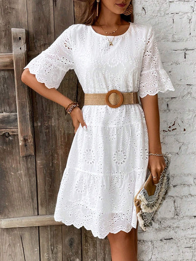 Elena- Abito bianco ricamato in cotone con maniche a tre quarti - Amavia Milano