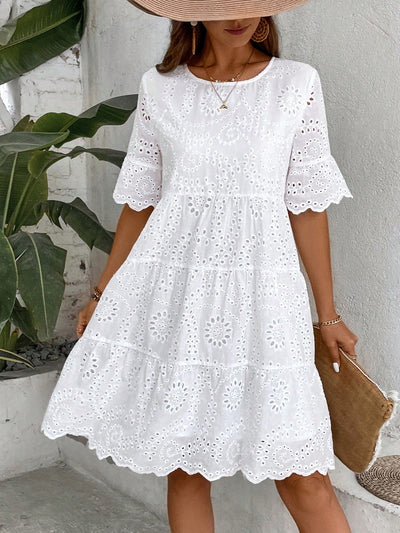 Elena- Abito bianco ricamato in cotone con maniche a tre quarti - Amavia Milano