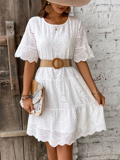 Elena- Abito bianco ricamato in cotone con maniche a tre quarti - Amavia Milano