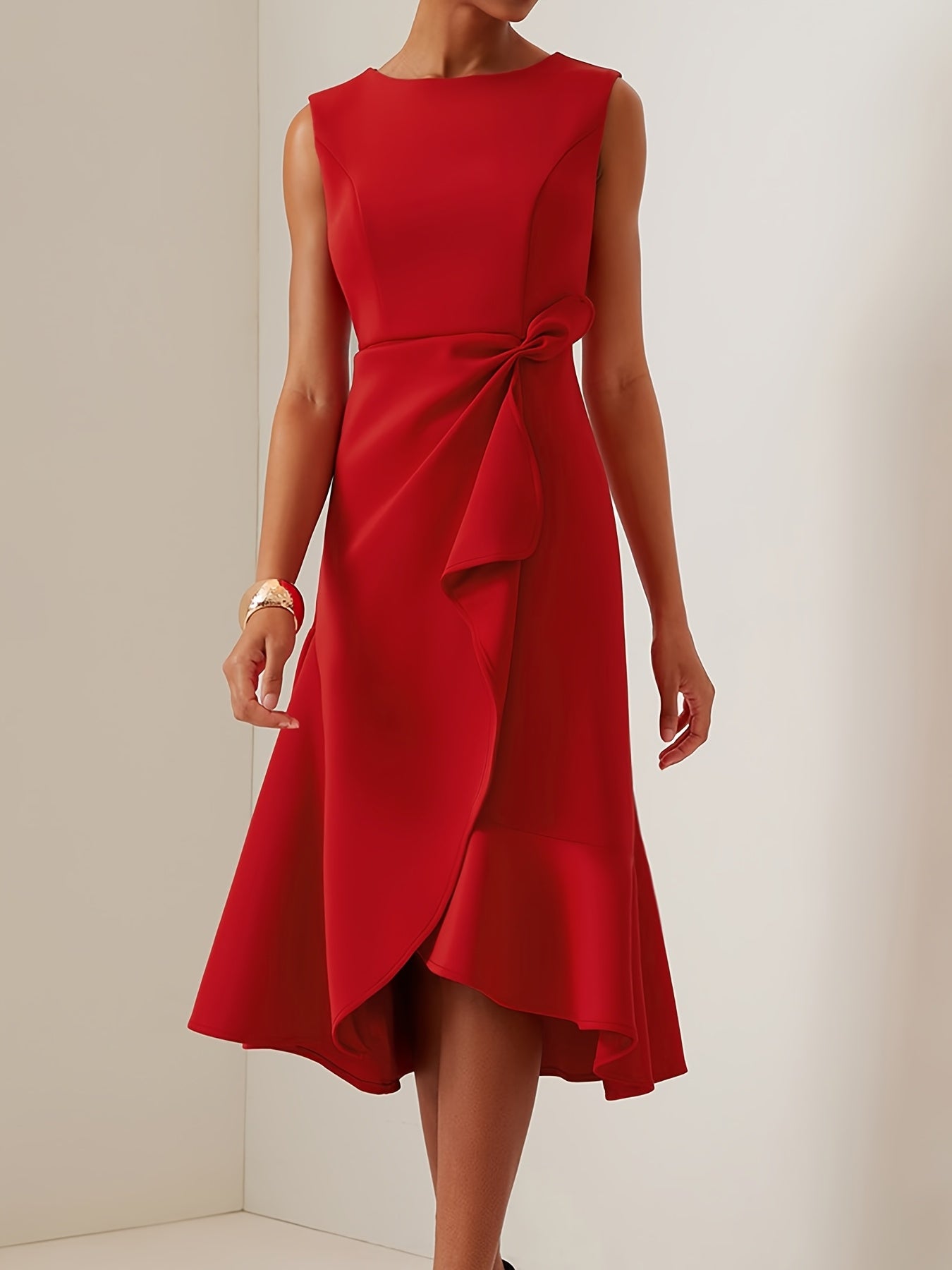 Women's Elegant Sleeveless A-Line Dress - Solid Color Round Neck with Back Zipper, Medium Stretch Machine-Washable Fabric for Spring/Summer Casual & Formal Occasions, Spring Event Attire, Zipper Closure - Amavia Milano